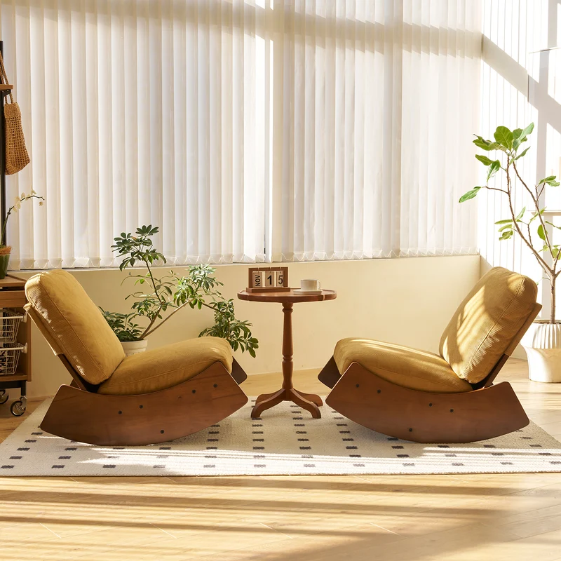 Fauteuil à bascule rétro en corduroy jaune, cadre en bois massif, nursery 90x61,5x71,9cm FLOATING CHERRY MAX