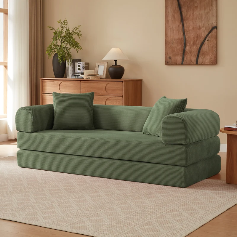 Canapé 3 places modulable sans armature, convertible en lit, velours vert, style tatami 195x89x59cm MERIDIANREX