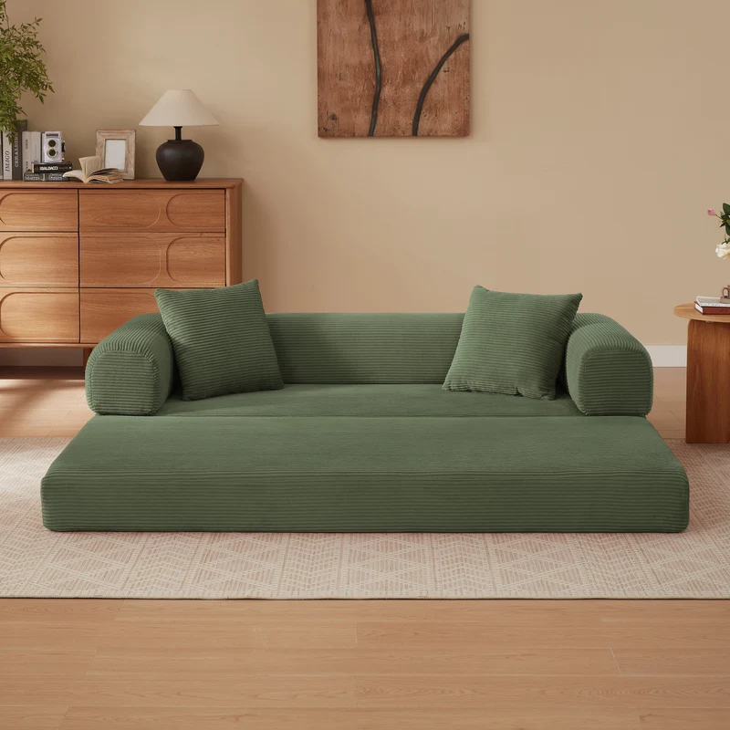 Canapé 3 places modulable sans armature, convertible en lit, velours vert, style tatami 195x89x59cm MERIDIANREX