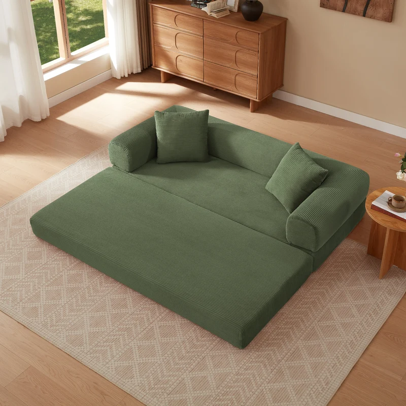 Canapé 3 places modulable sans armature, convertible en lit, velours vert, style tatami 195x89x59cm MERIDIANREX