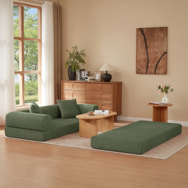 Canapé 3 places modulable sans armature, convertible en lit, velours vert, style tatami 195x89x59cm MERIDIANREX
