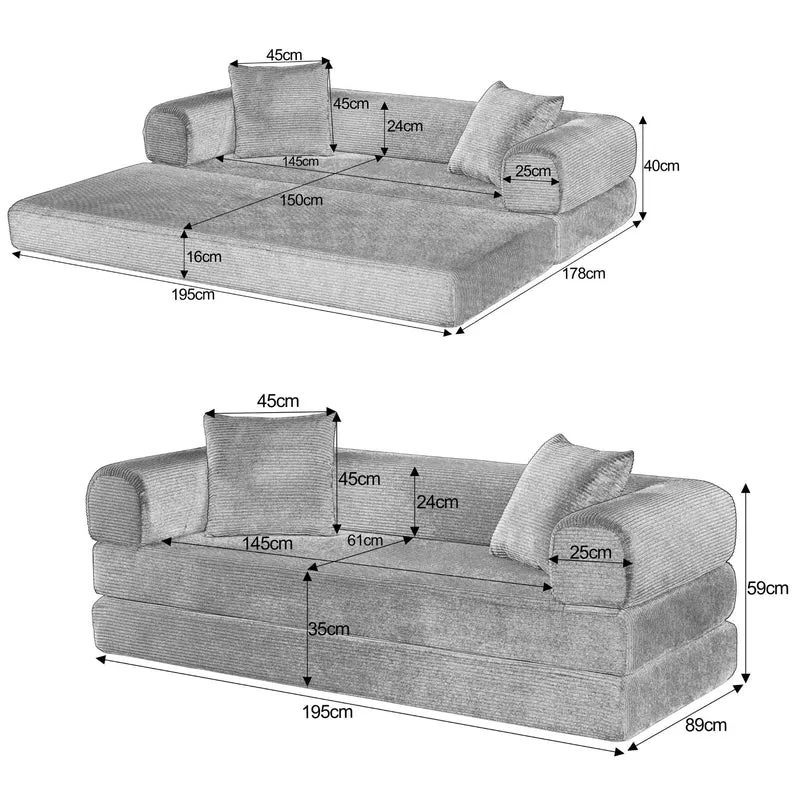 Canapé 3 places modulable sans armature, convertible en lit, velours vert, style tatami 195x89x59cm MERIDIANREX