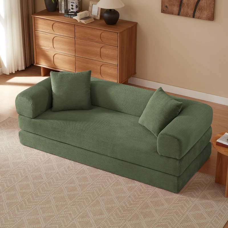 Canapé 3 places modulable sans armature, convertible en lit, velours vert, style tatami 195x89x59cm MERIDIANREX