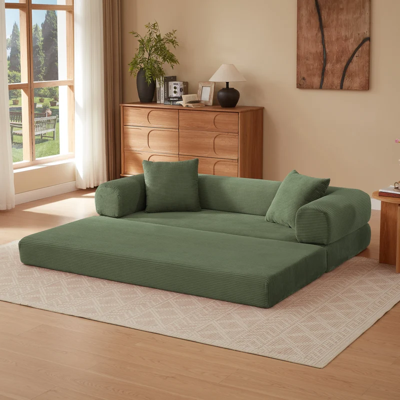 Canapé 3 places modulable sans armature, convertible en lit, velours vert, style tatami 195x89x59cm MERIDIANREX