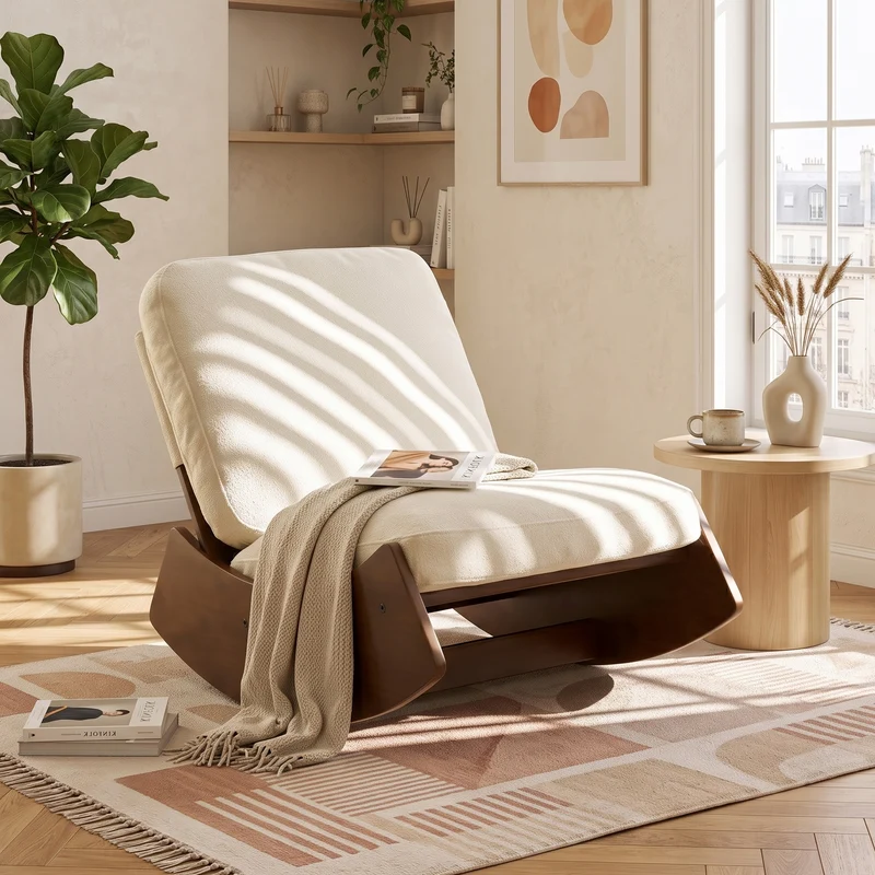 Fauteuil à bascule rétro en corduroy beige, cadre en bois massif, nursery 90x61,5x71,9cm FLOATING LEATHER MAX
