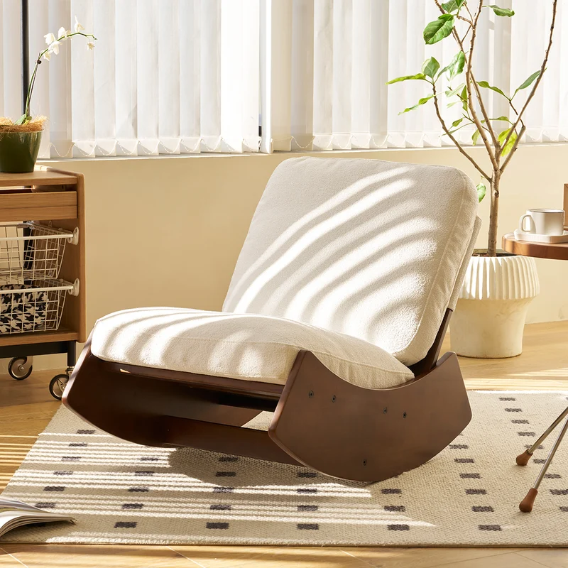 Fauteuil à bascule rétro en corduroy beige, cadre en bois massif, nursery 90x61,5x71,9cm FLOATING LEATHER MAX
