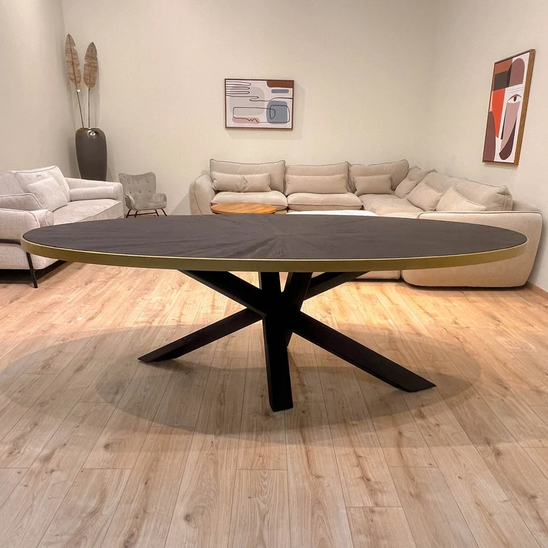 MARIA Table à manger ovale en bois/acier pieds noir contour doré