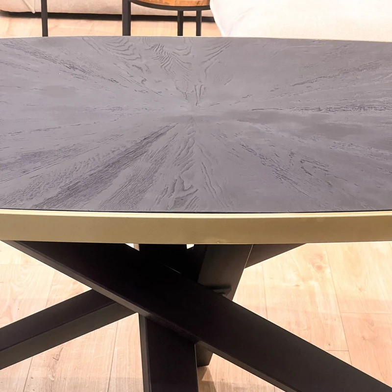 MARIA Table à manger ovale en bois/acier pieds noir contour doré