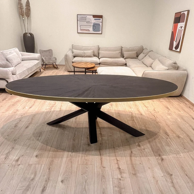 MARIA Table à manger ovale en bois/acier pieds noir contour doré