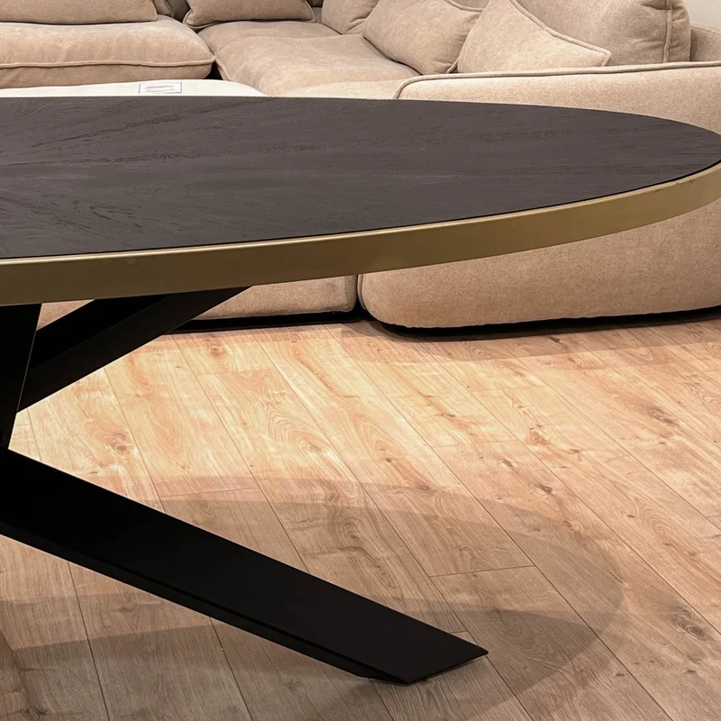 MARIA Table à manger ovale en bois/acier pieds noir contour doré