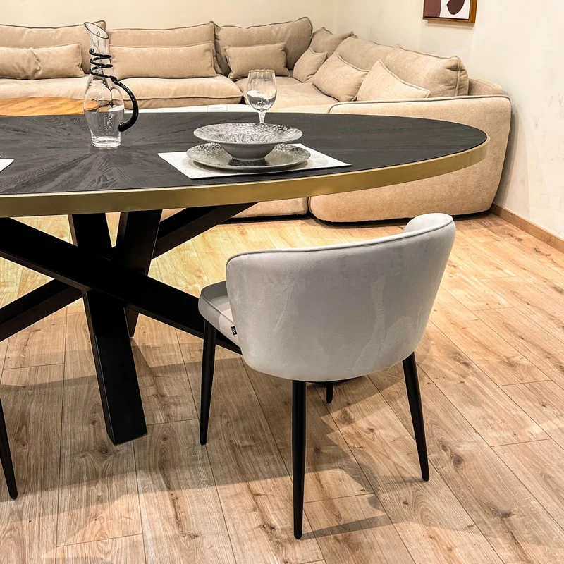 MARIA Table à manger ovale en bois/acier pieds noir contour doré