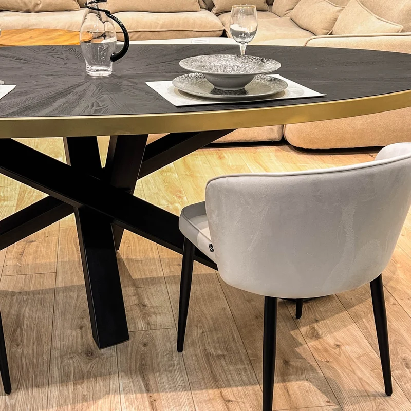 MARIA Table à manger ovale en bois/acier pieds noir contour doré
