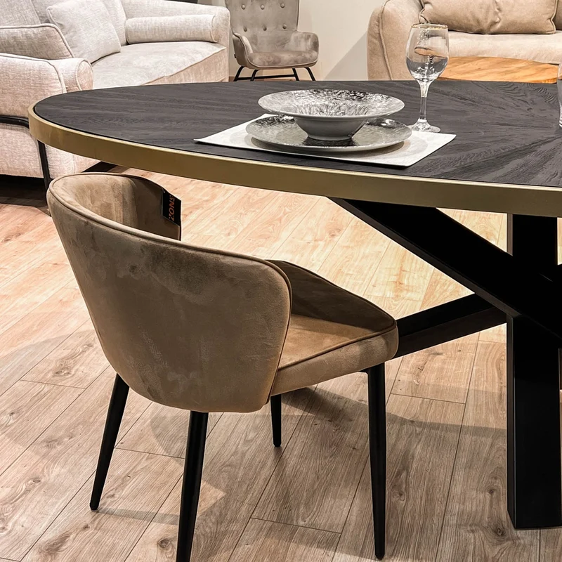 MARIA Table à manger ovale en bois/acier pieds noir contour doré