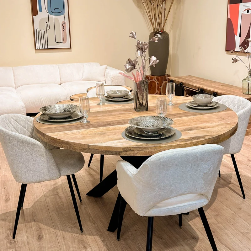 Grande Table à manger Ronde en bois massif- naturel/noir, EP4,5CM - FLAVIA