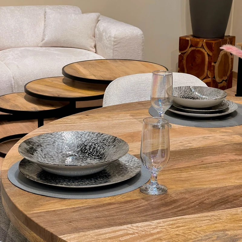 Grande Table à manger Ronde en bois massif- naturel/noir, EP4,5CM - FLAVIA