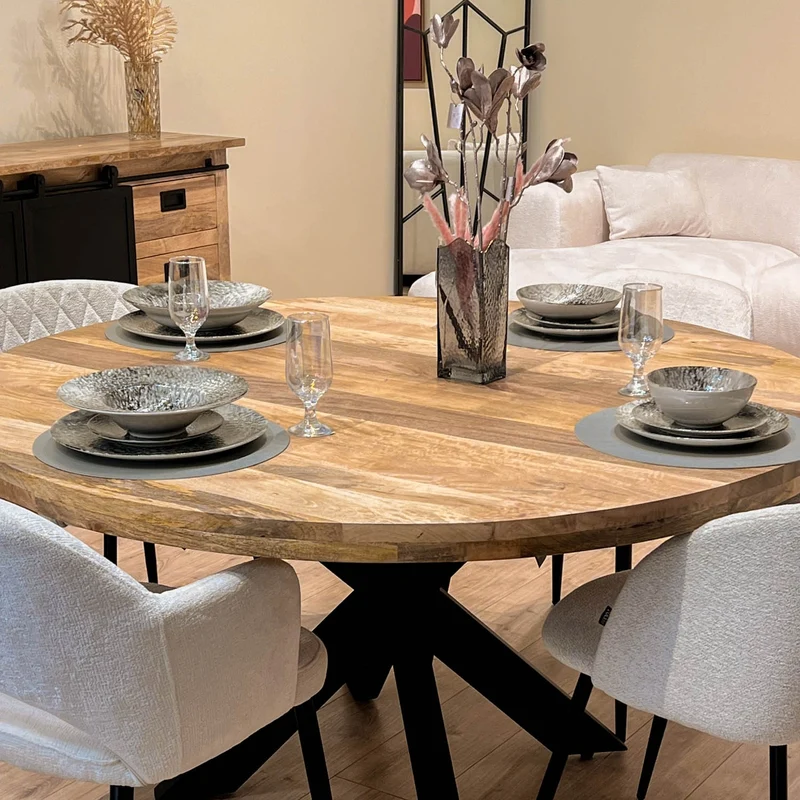 Grande Table à manger Ronde en bois massif- naturel/noir, EP4,5CM - FLAVIA