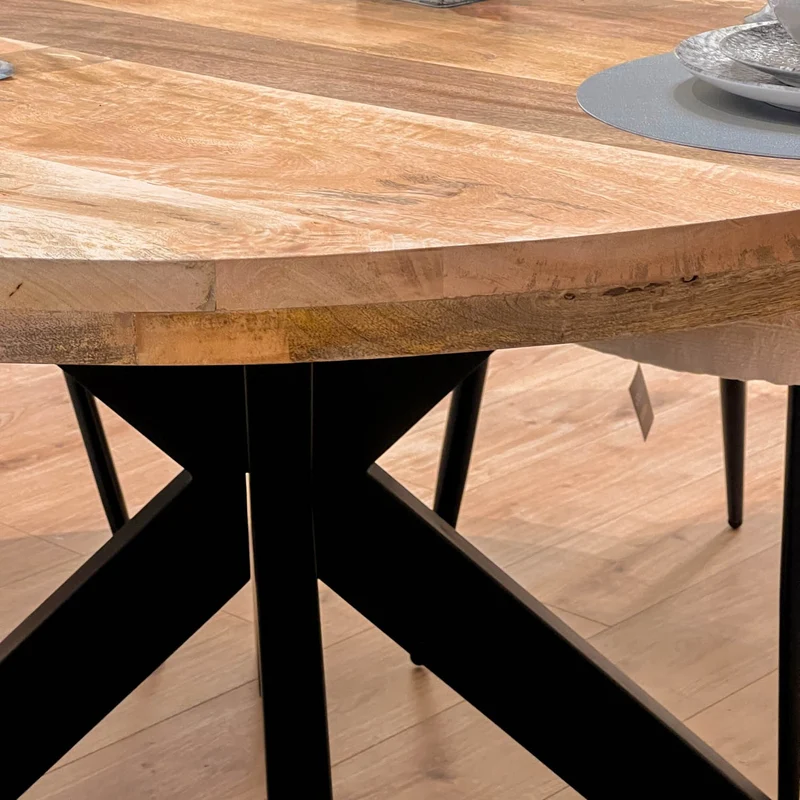 Grande Table à manger Ronde en bois massif- naturel/noir, EP4,5CM - FLAVIA