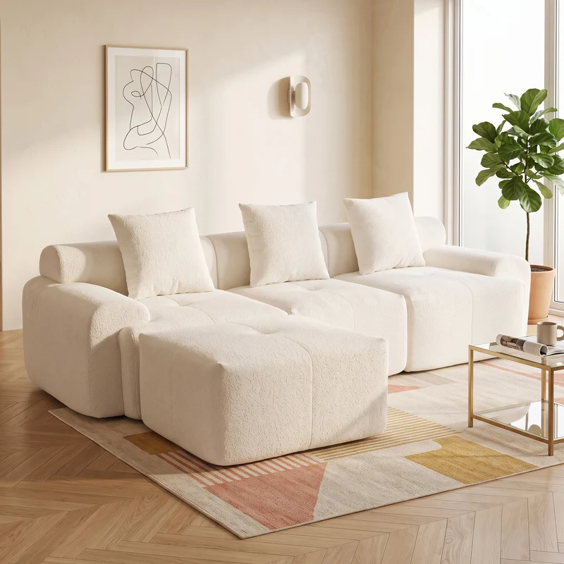 Canapé modulable 3 places en chenille beige bouclette texturée accoudoirs larges sans montage FLOATING DESK