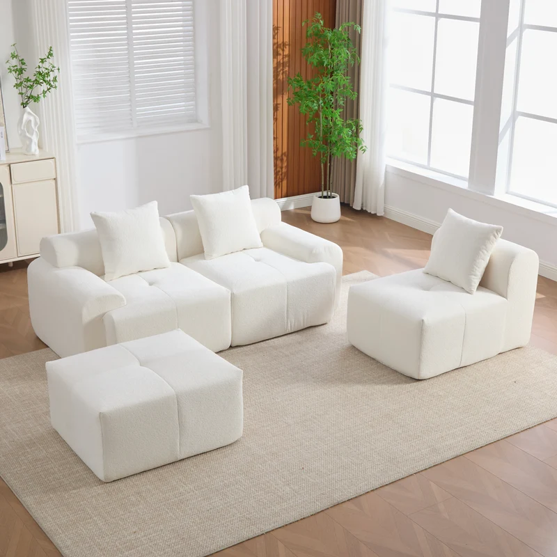 Canapé modulable 3 places en chenille beige bouclette texturée accoudoirs larges sans montage FLOATING DESK
