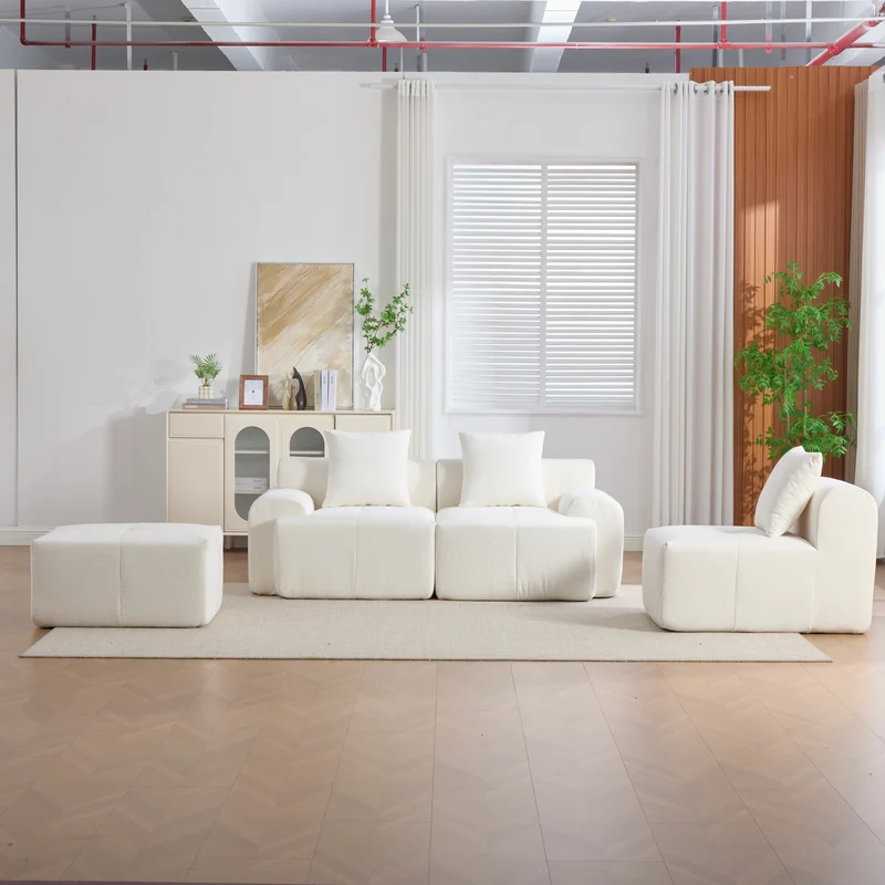 Canapé modulable 3 places en chenille beige bouclette texturée accoudoirs larges sans montage FLOATING DESK