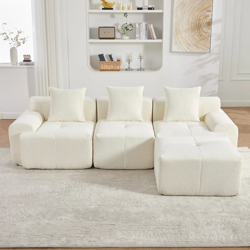 Canapé modulable 3 places en chenille beige bouclette texturée accoudoirs larges sans montage FLOATING DESK