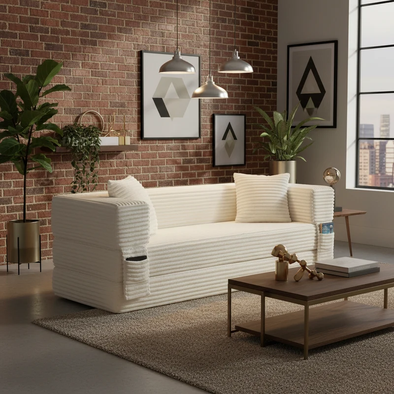 Canapé 3 places modulable sans armature, convertible en lit, velours blanc, style tatami 200x76x60cm NEXUSVORN