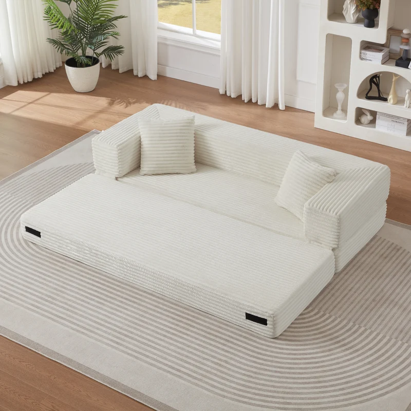 Canapé 3 places modulable sans armature, convertible en lit, velours blanc, style tatami 200x76x60cm NEXUSVORN