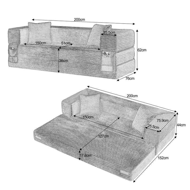Canapé 3 places modulable sans armature, convertible en lit, velours blanc, style tatami 200x76x60cm NEXUSVORN