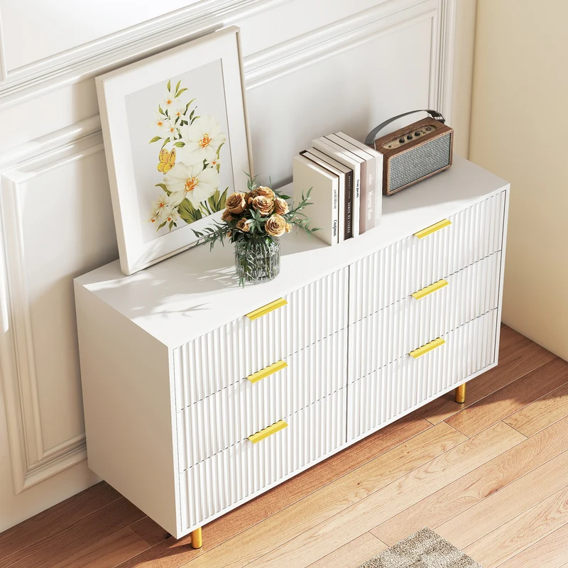 Buffet commode 6 tiroirs blanche accents dorés 120x40x72cm HALOICITY