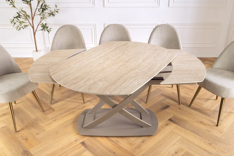 Table à manger extensible INCEPTION 130-190cm ovale travertin céramique champagne grège