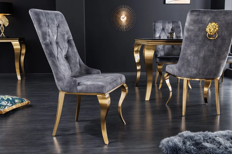 Lot de 2x chaises élégante de style baroque moderne en velours gris avec tête de lion dorée