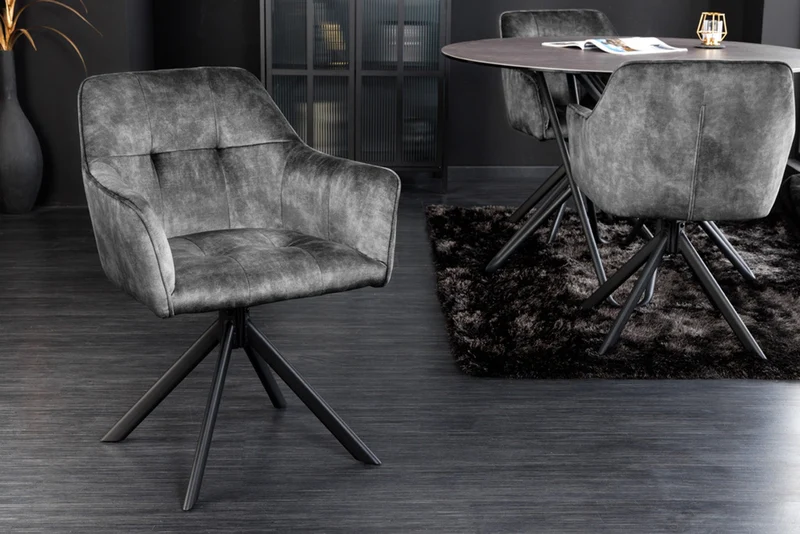 Lot de 2x chaises design LOFT en velours gris foncé pivotante structure métal noir avec accoudoirs