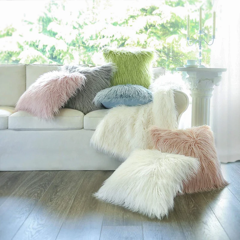 Coussin fourrure uni à poils longs, 45x45CM - SHAGGY
