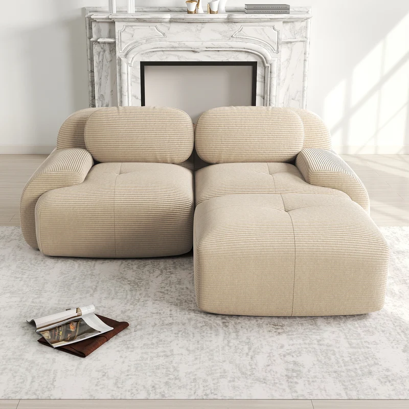 Canapé d'angle modulable en velours côtelé beige avec pouf et accoudoirs courbés, sans montage FLEX CLOCK
