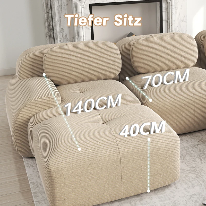 Canapé d'angle modulable en velours côtelé beige avec pouf et accoudoirs courbés, sans montage FLEX CLOCK