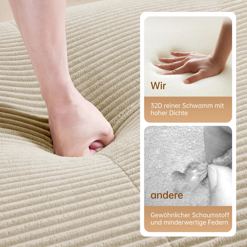 Canapé d'angle modulable en velours côtelé beige avec pouf et accoudoirs courbés, sans montage FLEX CLOCK