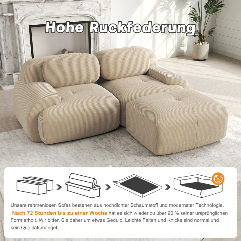 Canapé d'angle modulable en velours côtelé beige avec pouf et accoudoirs courbés, sans montage FLEX CLOCK