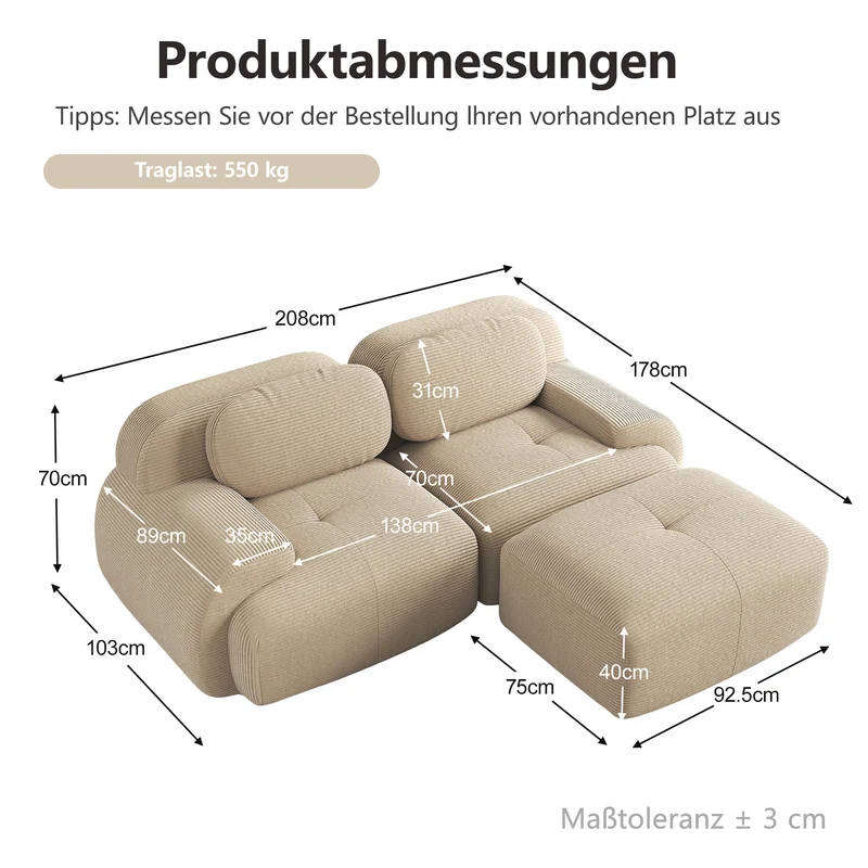 Canapé d'angle modulable en velours côtelé beige avec pouf et accoudoirs courbés, sans montage FLEX CLOCK