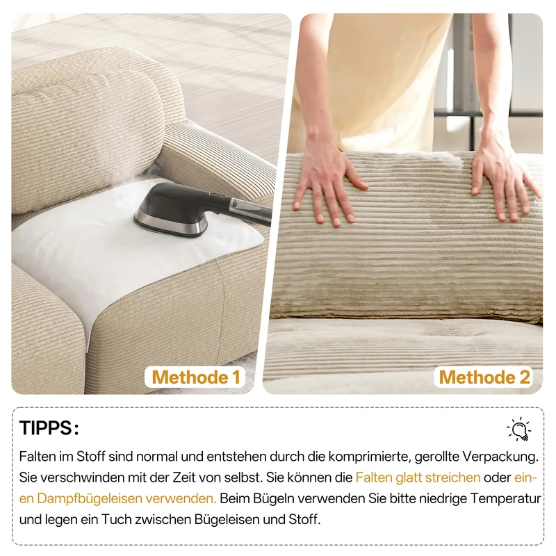 Canapé d'angle modulable en velours côtelé beige avec pouf et accoudoirs courbés, sans montage FLEX CLOCK