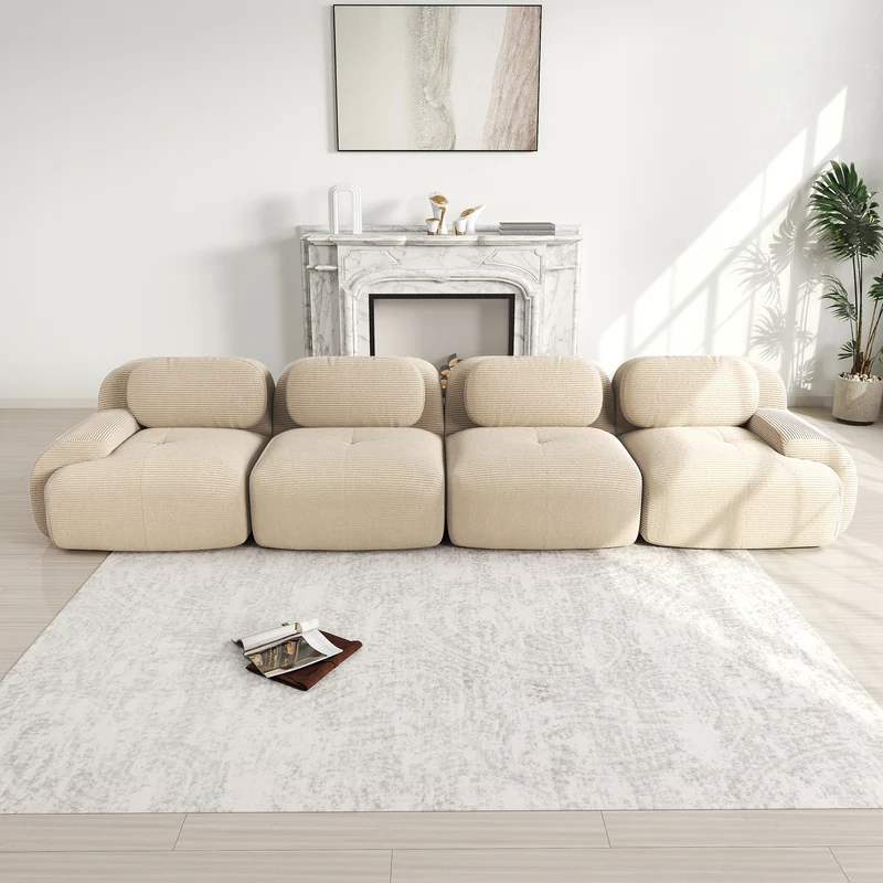 Canapé modulable 4 places en velours côtelé beige et accoudoirs courbés, sans montage FABRIC TABLE