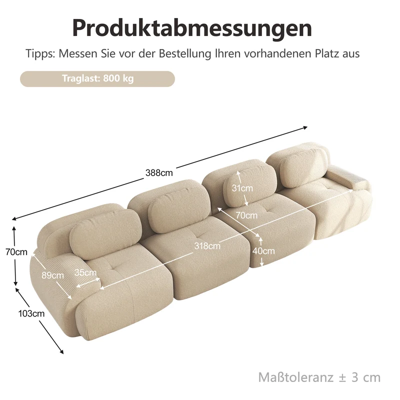 Canapé modulable 4 places en velours côtelé beige et accoudoirs courbés, sans montage FABRIC TABLE