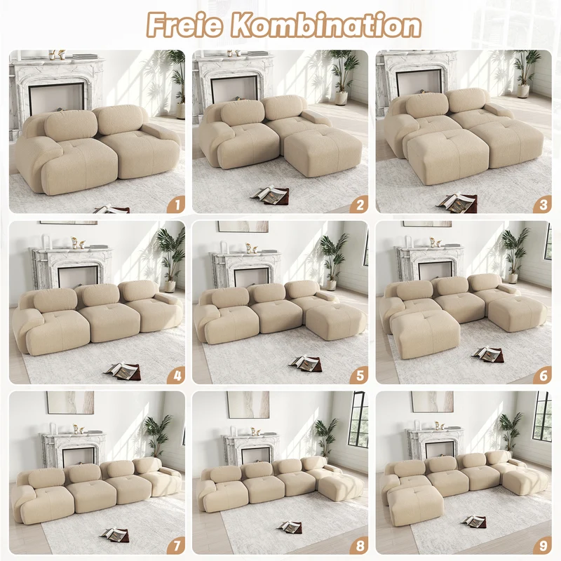 Canapé modulable 4 places en velours côtelé beige et accoudoirs courbés, sans montage FABRIC TABLE