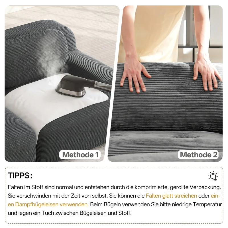 Canapé modulable 4 places en velours côtelé gris et accoudoirs courbés, sans montage FABRIC SCREEN
