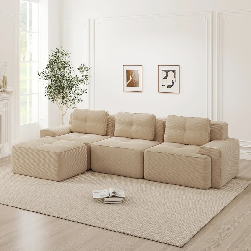 Canapé d'angle modulable 3 places capitonné en velours côtelé beige sans montage FABRIC ORGANIZER