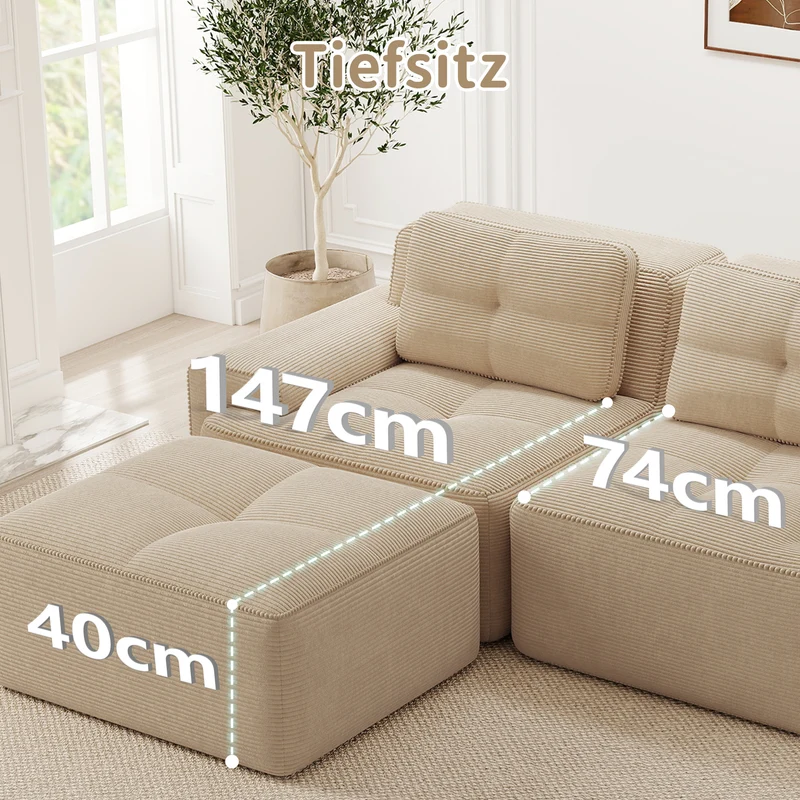 Canapé d'angle modulable 3 places capitonné en velours côtelé beige sans montage FABRIC ORGANIZER