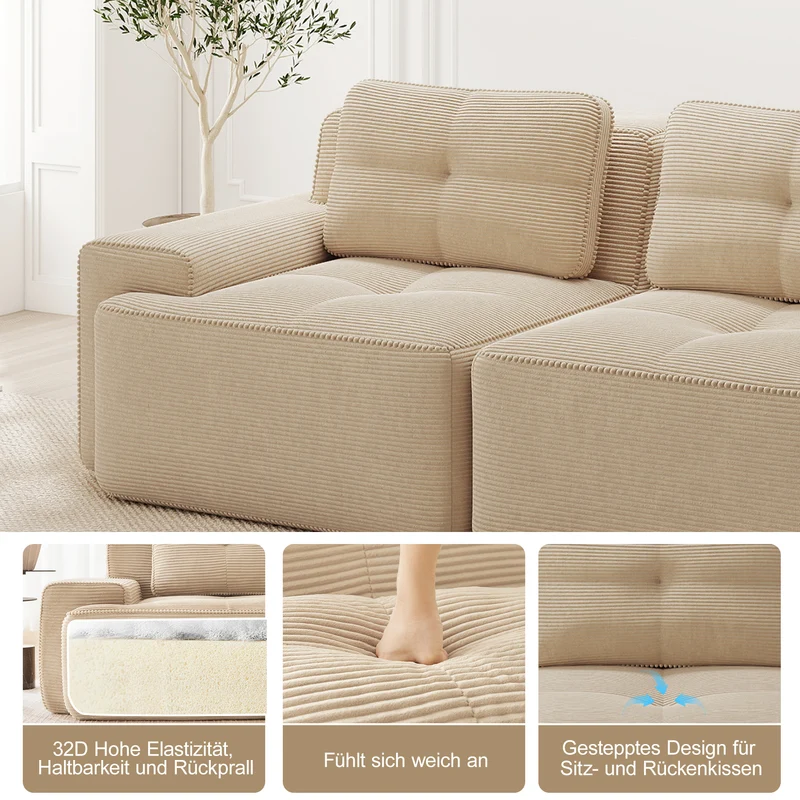 Canapé d'angle modulable 3 places capitonné en velours côtelé beige sans montage FABRIC ORGANIZER