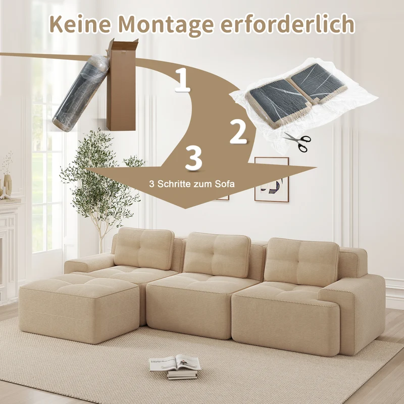 Canapé d'angle modulable 3 places capitonné en velours côtelé beige sans montage FABRIC ORGANIZER