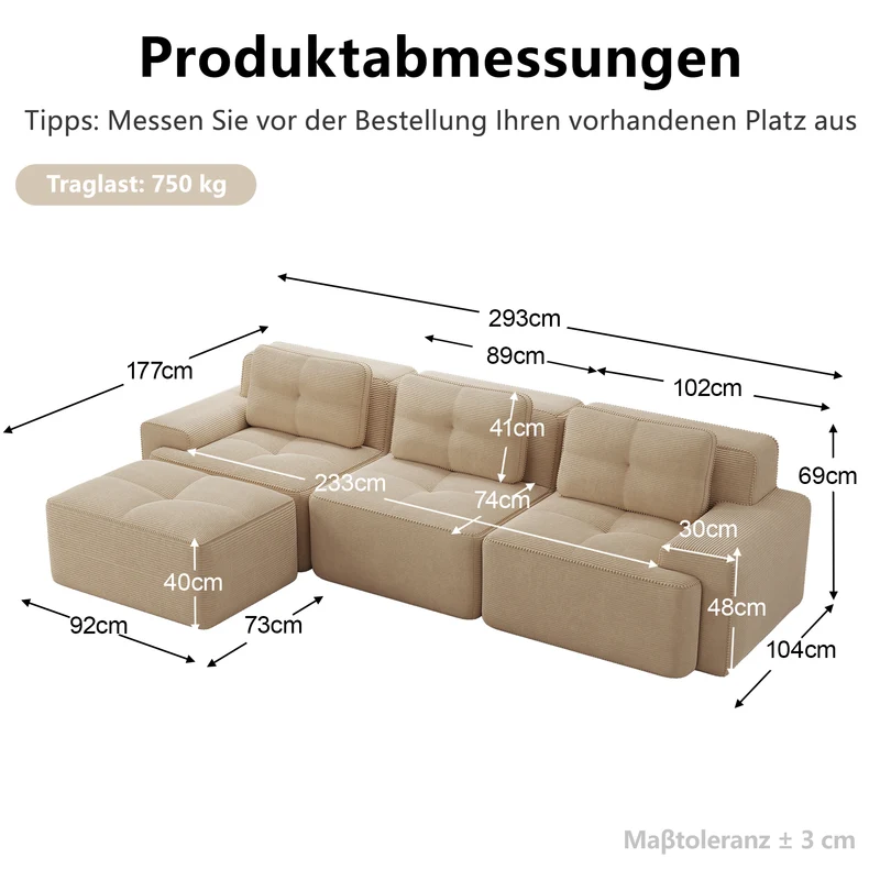 Canapé d'angle modulable 3 places capitonné en velours côtelé beige sans montage FABRIC ORGANIZER
