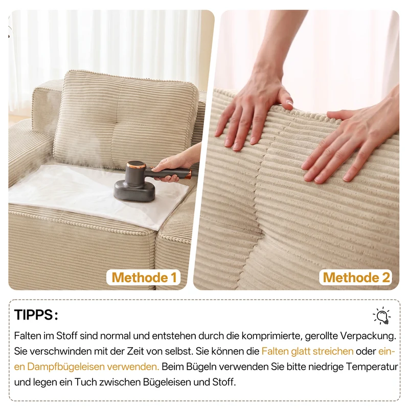 Canapé d'angle modulable 3 places capitonné en velours côtelé beige sans montage FABRIC ORGANIZER