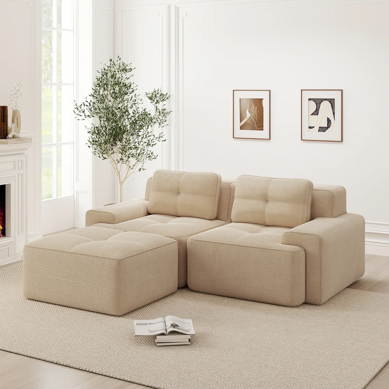 Canapé d'angle 2 places modulable en velours côtelé beige avec pouf, sans montage FABRIC PANEL